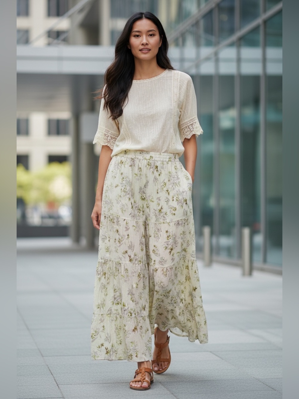 Free People Floral Tiered Cotton Pull on Wide Leg Pants